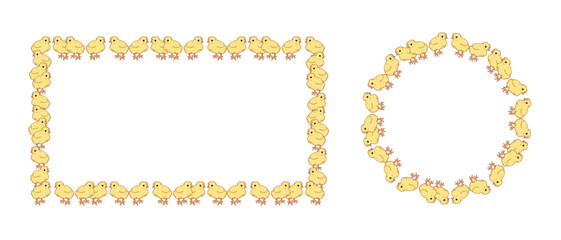 Chick line seamless pattern frame. Cute chicks frame, background isolated on white for web banners, poster, greeting card, easter templates, flyer, farm products package, book design. poultry farming