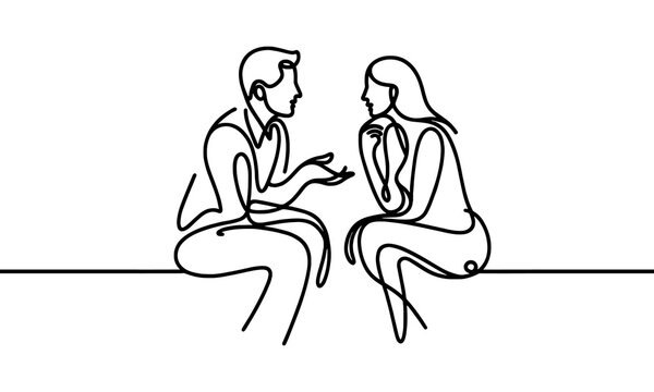 Vector, linear image: a guy and a girl are sitting together and talking.
