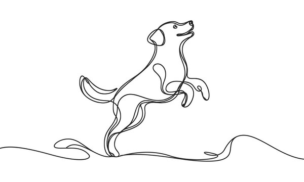 Vector image of a dog standing on its hind legs. Jumping dog in linear style.