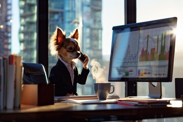 Chihuahua in a suit with a phone at a table with stock graphs.
