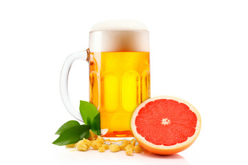 Beer or cider in tall glass with citrus on white background. Mugs with drink like Ipa, Pale Ale, Pilsner Porter or Stout