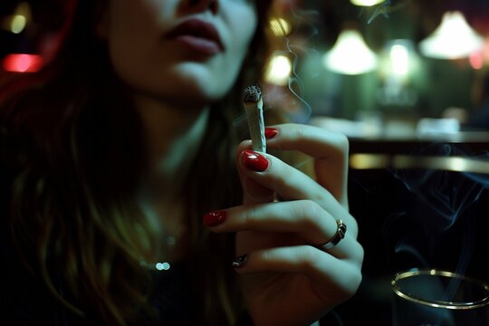Hand with a cannabis joint against a blurred image of a woman.
