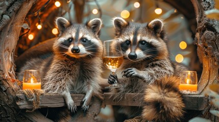 two raccoons sitting next to each other with a glass of wine in front of them on a table.
