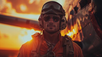 Fototapeta na wymiar Pilot in Uniform Standing Next to Airplane