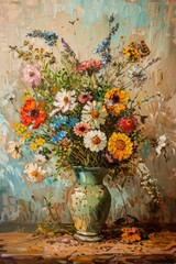 A painting of a vase of flowers in muted colors, suitable for wall art, wallpaper, and printing design