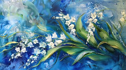 An expressive oil painting capturing the delicate beauty of a Lily of the Valley bouquet against a textured, abstract background.. - obrazy, fototapety, plakaty
