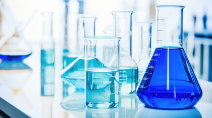 The table is transformed into a canvas of scientific wonder, with medical flasks holding an assortment of brilliantly colored reagents, inviting curiosity and awe.