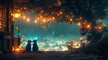 a couple of cats sitting next to each other in front of a tree with lights hanging from it's branches.
