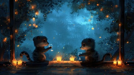 a couple of animals sitting on top of a window sill next to a forest filled with lots of lights.