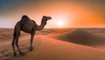  A lonely camel stands under the sunset desert in Dammam desert, Saudi Arabia. © AFZALKHAN