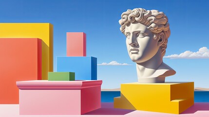 Artistic composition with floating cubes and sculpted male head in antique (Greek, Roman) style. Beauty in stone. Illustration for cover, postcard, greeting card, interior design, etc. - obrazy, fototapety, plakaty