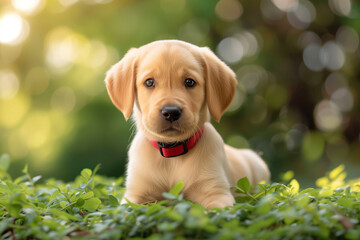 Portrait of a cute, little pet, a retriever puppy, sitting in green grass.