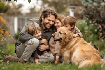 Cheerful, friendly, smiling family, parents and children play with their pet red Labrador dog in summer on the lawn in the yard of their house.