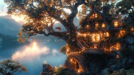 a tree house in the middle of a lake with lots of lights hanging from it's roof and around it's branches.