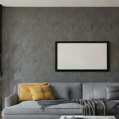 stylish living room showcases a textured wall effect with a single black frame, complemented by a grey sofa and yellow cushions for a pop of color
