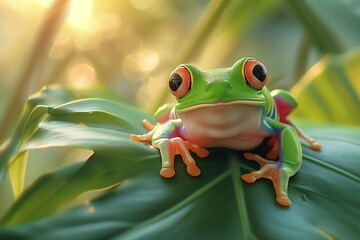 Green tree frog with red eyes close-up among tropical greenery.