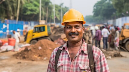 Obraz premium A powerful set of photographs showcasing an Indian worker in the foreground, with the building serving as a powerful backdrop, symbolizing the hard work and determination of the workers.