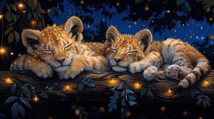a painting of two kittens sleeping on a tree branch with a string of lights in the night sky behind them.