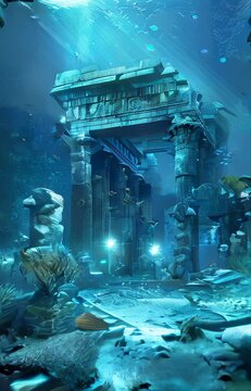 Underwater Ancient Ruins with Rays of Light and Fish swimming around