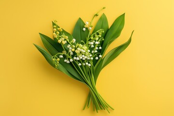 Elegant Lily of the Valley bouquet with lush green leaves, beautifully laid out on a soothing yellow backdrop, showcasing spring's natural beauty