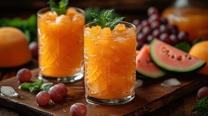 a couple of glasses filled with orange juice next to a bunch of grapefruits and watermelon.