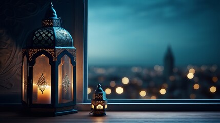 Eid al-Fitr and Ramadan Kareem concept backgrounds feature a beautiful mosque view through an open window against a blue wall, complemented by Islamic iftar food imagery and lantern light lamps. - obrazy, fototapety, plakaty