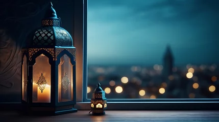 Foto op Canvas Eid al-Fitr and Ramadan Kareem concept backgrounds feature a beautiful mosque view through an open window against a blue wall, complemented by Islamic iftar food imagery and lantern light lamps. © Elchin Abilov