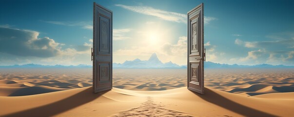 Venturing into unexplored desert landscapes with an open door. Concept Desert Exploration, Open Doors, Nature Photography, Adventure, Remote Landscapes