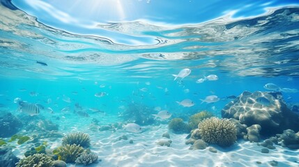Fototapeta na wymiar Turquoise ocean water with sandy bottom underwater. Tropical sea in paradise island. corals, fish, underwater world