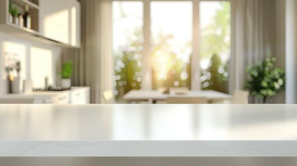 A modern empty white tabletop or kitchen island set against a blurred bokeh kitchen room interior background, perfect for montages or product displays.
