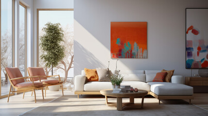 A modern living room with sustainable furniture, pops of color, and neutral tones