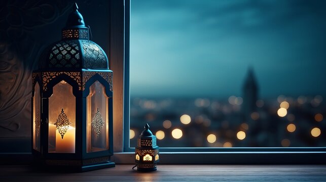 Fototapeta Eid al-Fitr and Ramadan Kareem concept backgrounds feature a beautiful mosque view through an open window against a blue wall, complemented by Islamic iftar food imagery and lantern light lamps.