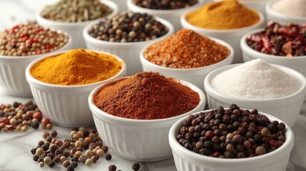 a table topped with bowls filled with different types of spices and seasoning next to each other on top of a table.