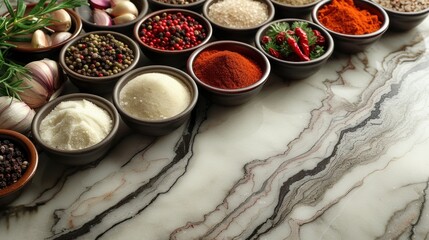 a table topped with bowls filled with different types of spices and seasonings on top of a marble counter top.