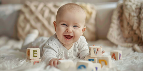 Joyful Baby with Alphabet Blocks. Cheerful baby playing with colorful letter blocks, joyful early learning English language concept, copy space.