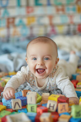 Joyful Baby with Alphabet Blocks. Cheerful baby playing with colorful letter blocks, joyful early learning English language concept, copy space.