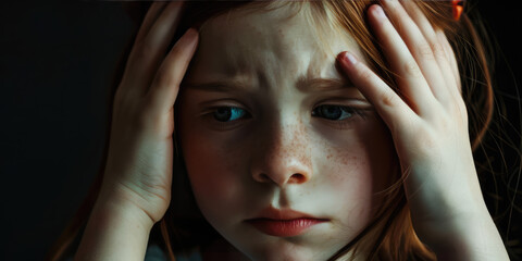 Young pale child girl with a Headache. Close-up of a sad girl with anemia, weakness, dizziness, conveying a sense of headache or anxiety.