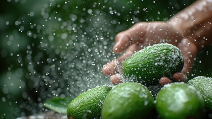 a person is sprinkling limes with water from a sprinkler on the top of them. - obrazy, fototapety, plakaty