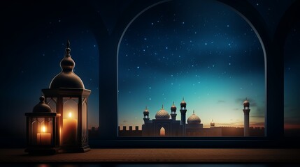 Fototapeta premium Islamic Eid Mubarak cards celebrate the festival of Eid-Ul-Adha against a backdrop of mosque arches, embodying the spirit of Ramadan Kareem.