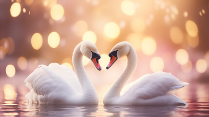 two isolated white swans look at each other and form a heart.