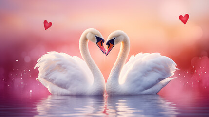 two swans look at each other and form a heart, love concept.