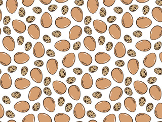 Chicken, quail eggs seamless pattern. Easter, agroculture, organic farming background for poster, flyer, farm products package, book design. poultry farming and egg production symbol.Web