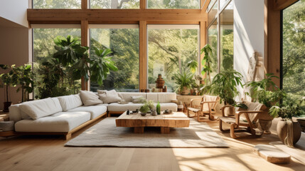 Fototapeta premium A modern living room with biophilic design featuring natural wood floors, an abundance of plants, and a comfortable seating area