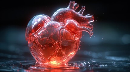 a heart shaped object floating on top of a body of water in a dark room with a blue and red background.