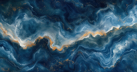 a painting of blue, gold and white swirls on a black background with space in the bottom right corner. - obrazy, fototapety, plakaty