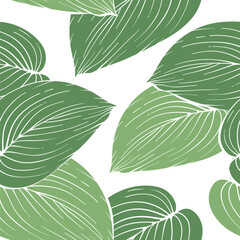 Vector seamless pattern of many huge green hand drawn tropical leaves. Elegant contoured spring art. Floral design for modern packaging, advertising banner layout, trendy fabric. Exotic jungle nature