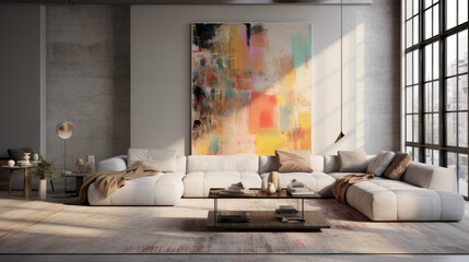 A modern living room with grey walls and a white sofa accented by a colorful rug