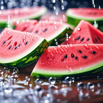 Close up photo of a sliced fresh watermelon Fruit with water droplets