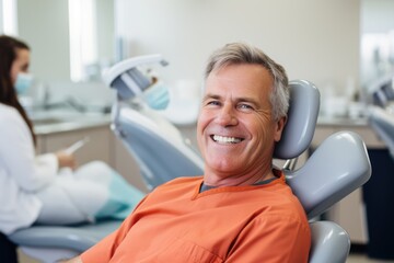 Fototapeta premium Radiant grin: An African American man smiles in a dentist's chair, displaying his beautiful teeth, exuding confidence and dental well-being.