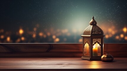 Ramadan Kareem ambiance is captured with a mosque window adorned with lanterns and a wooden table.